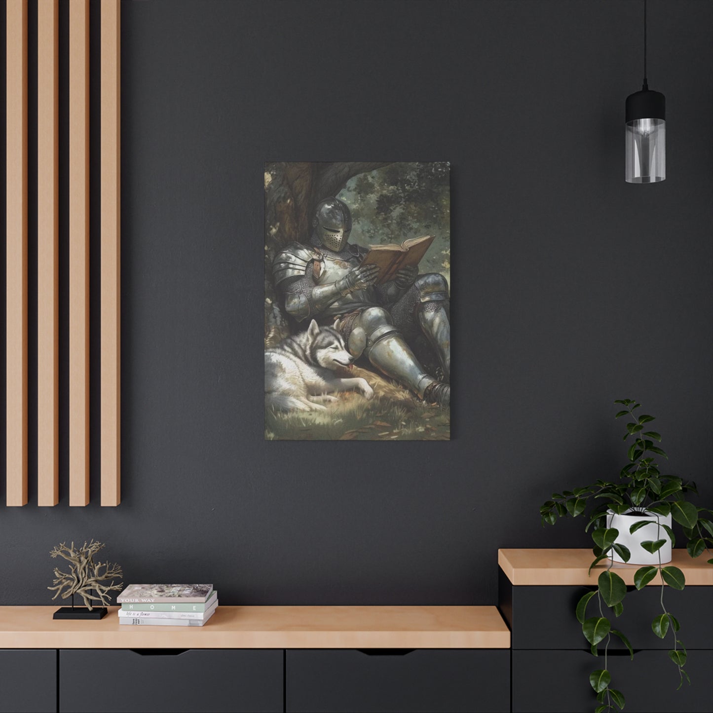 Warrior Reading Book with Husky Wall Art & Canvas Prints