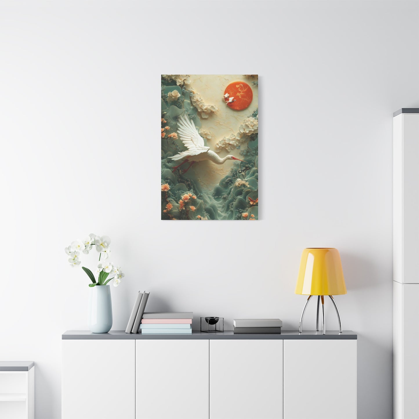 White Heron & Sun Painting Wall Art & Canvas Prints