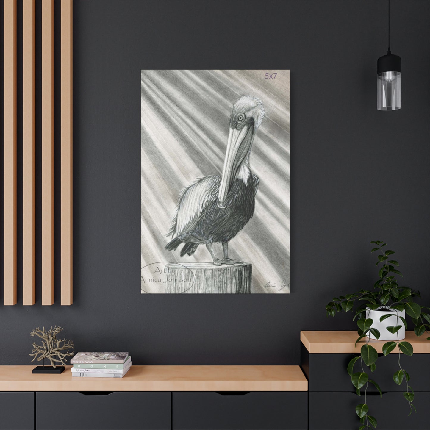 Black & White Pelican Sitting On A Wooden Block Poster Wall Art & Canvas Prints