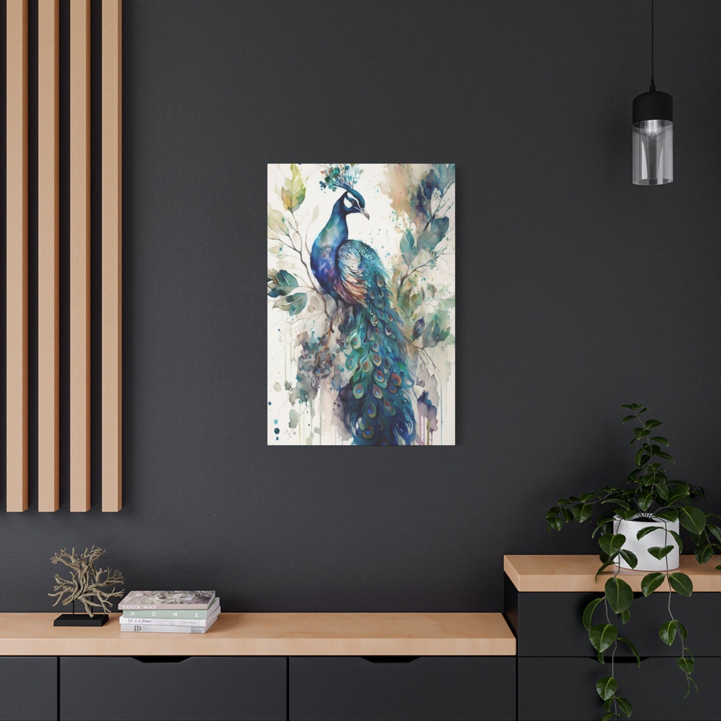 Peacock on branch Wall Art & Canvas Prints