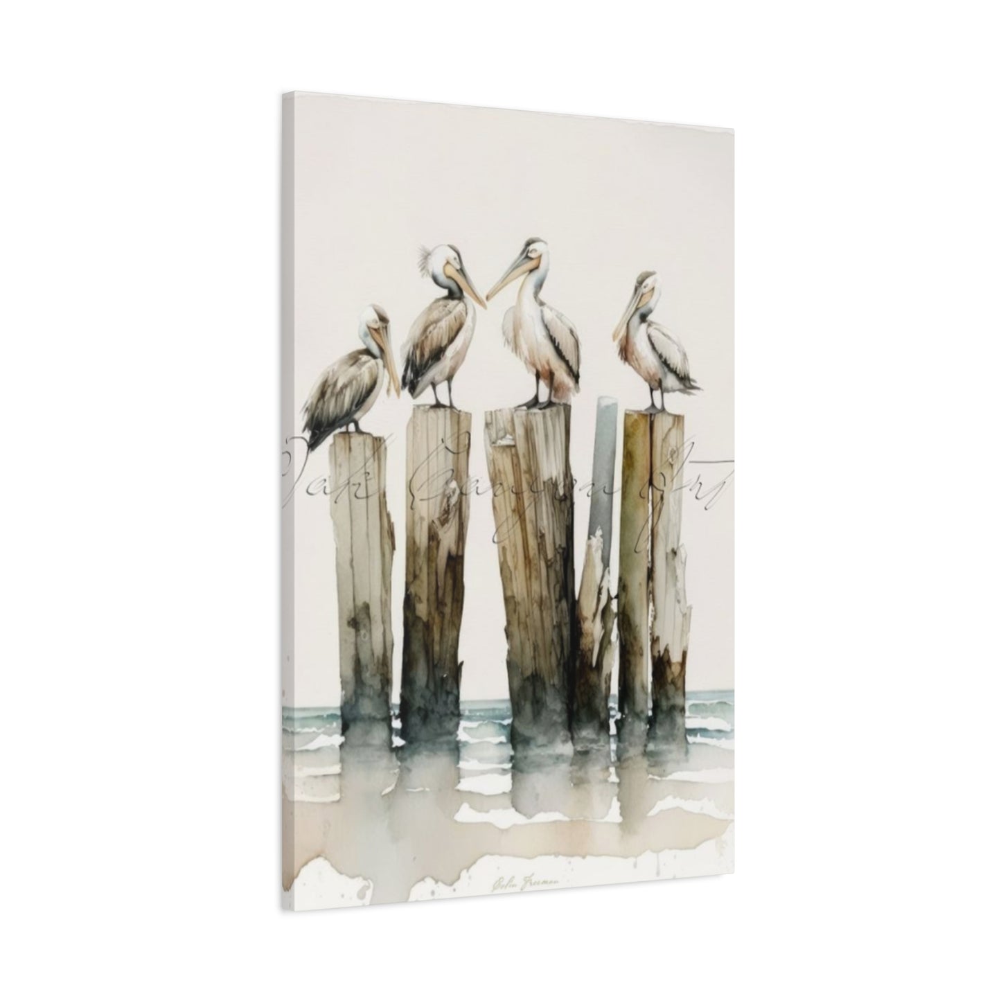 Pelicans Sitting On Wooden Blocks Wall Art & Canvas Prints