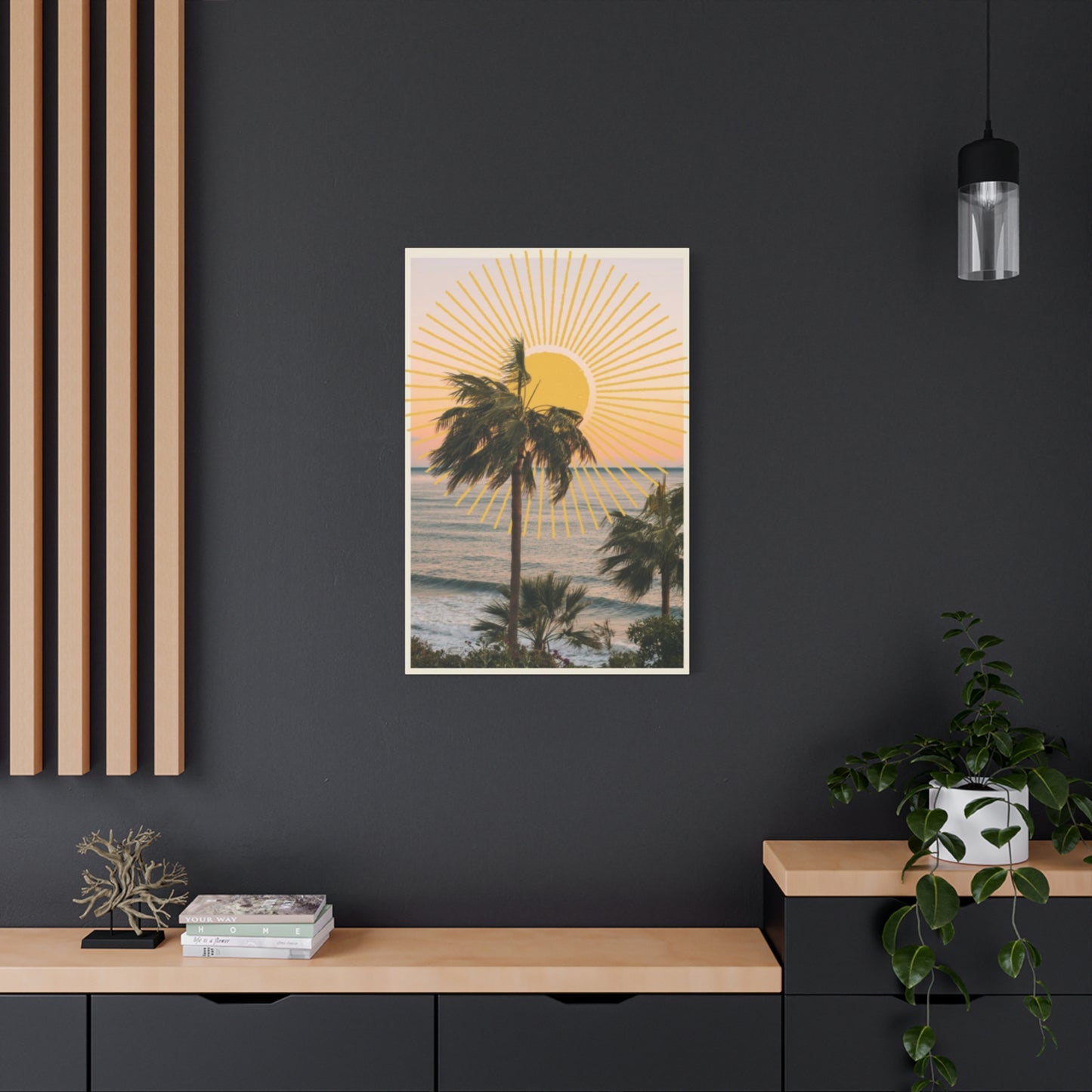 Sunset & Palm Tree On The Beach Wall Art & Canvas Prints