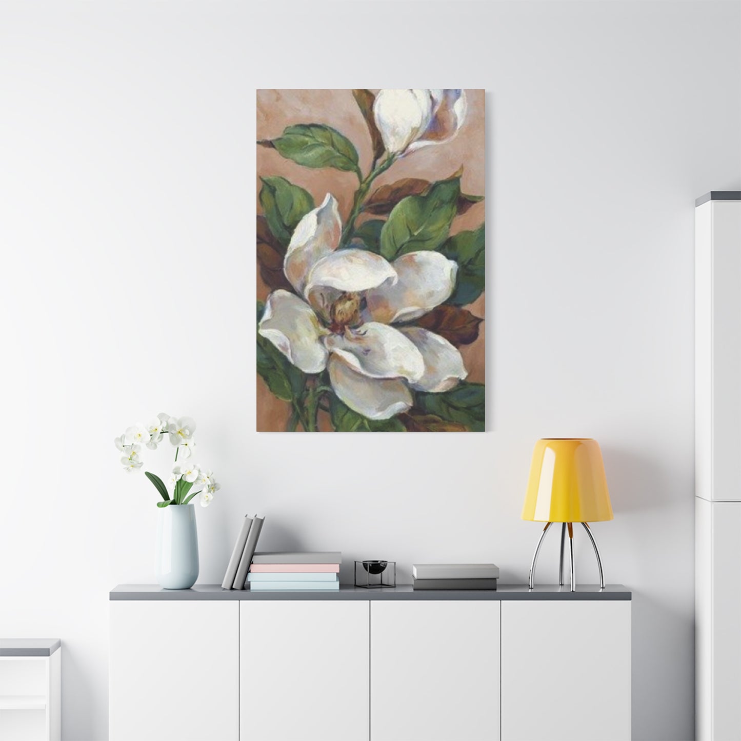 White Magnolia Flower with Leaves Painting Wall Art & Canvas Prints