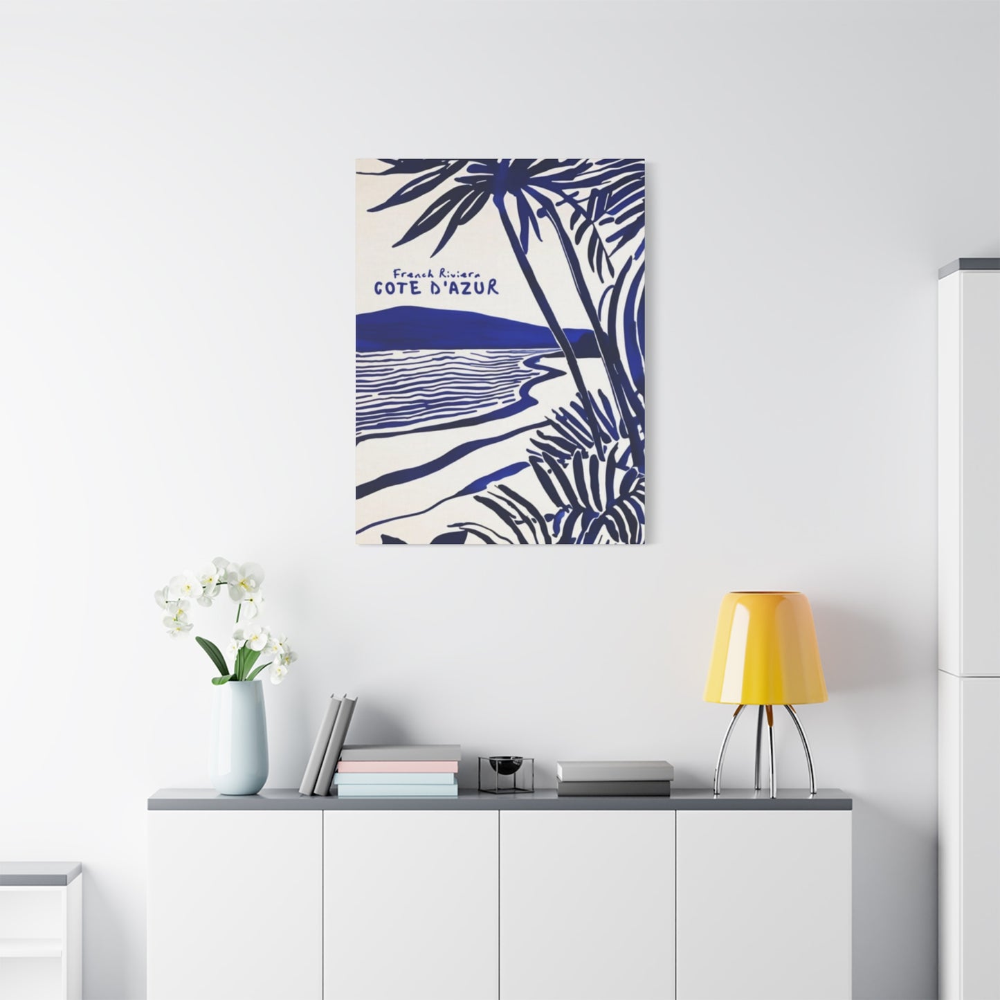 Blue Drawing Palm Tree On Beach Wall Art & Canvas Prints