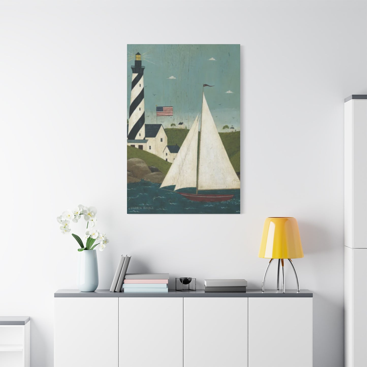 Lighthouse And Sailboat Kimble Warren Wall Art & Canvas Prints