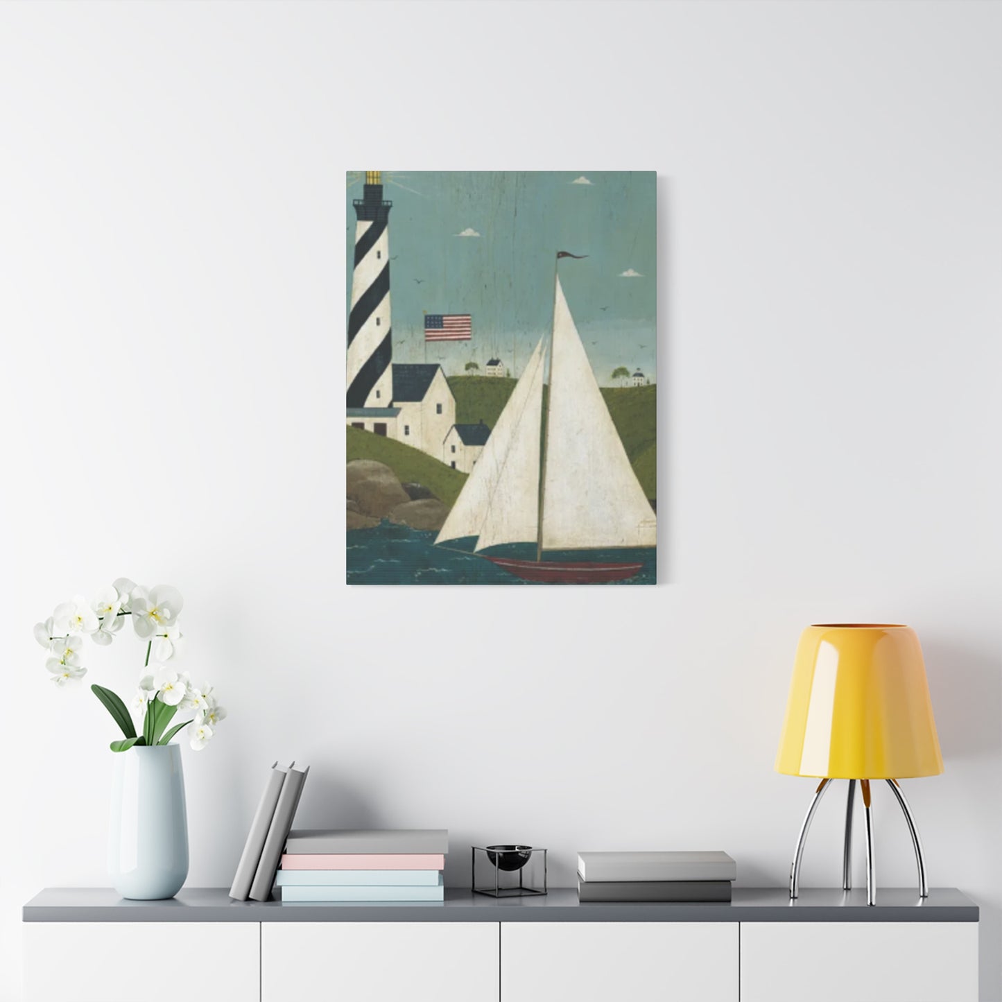 Lighthouse And Sailboat Kimble Warren Wall Art & Canvas Prints