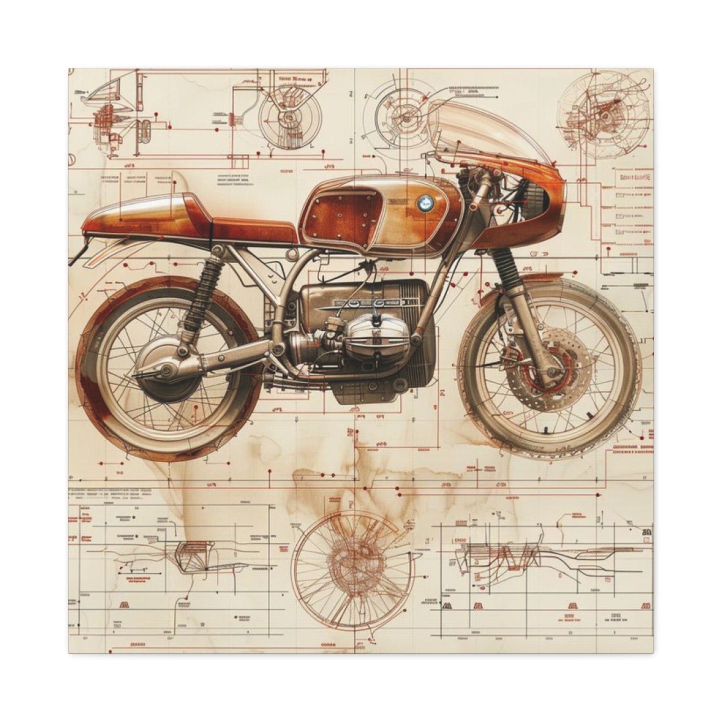 Retro Cafe Racer Blueprint Motorcycle Wall Art & Canvas Prints