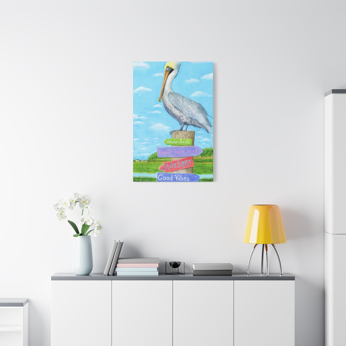 Long Beak Pelican Colorful Drawing Wall Art & Canvas Prints