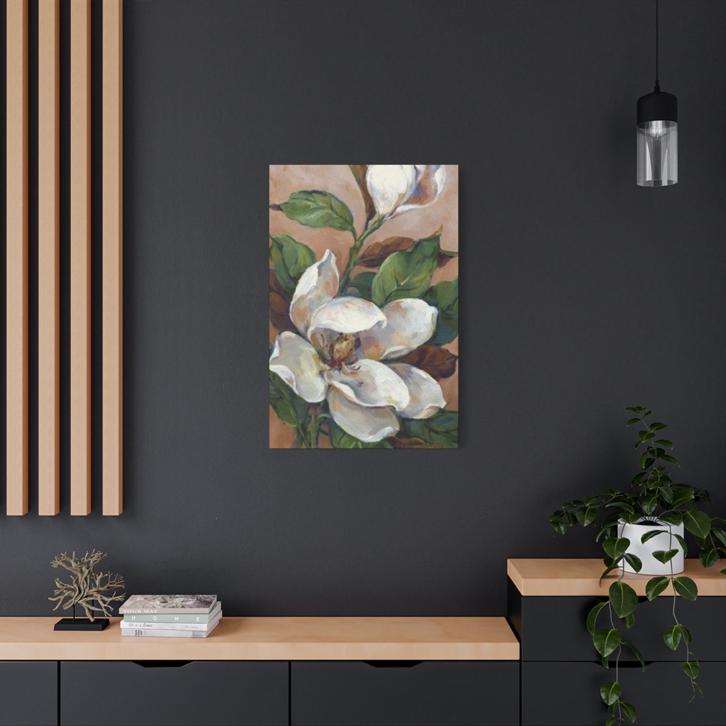 White Magnolia Flower with Leaves Painting Wall Art & Canvas Prints