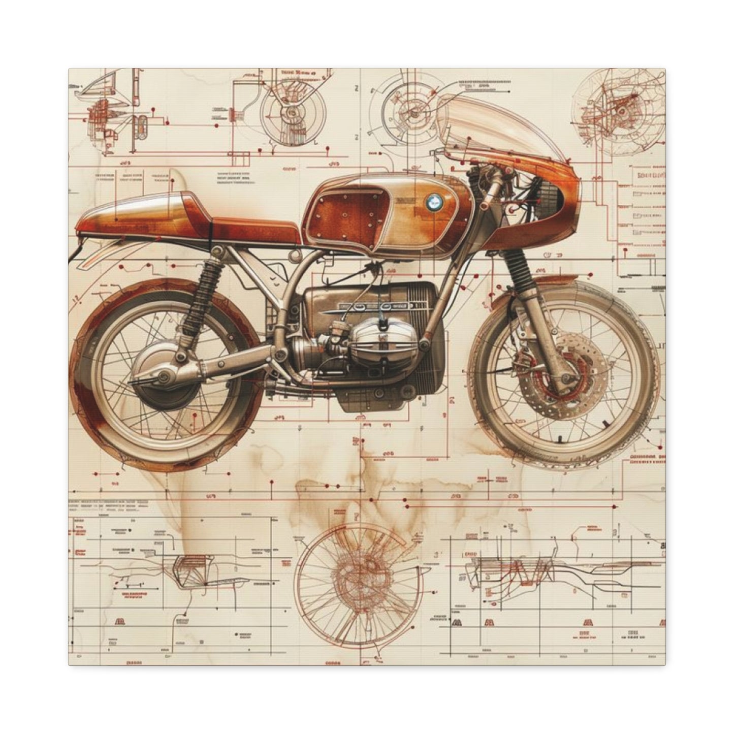 Retro Cafe Racer Blueprint Motorcycle Wall Art & Canvas Prints