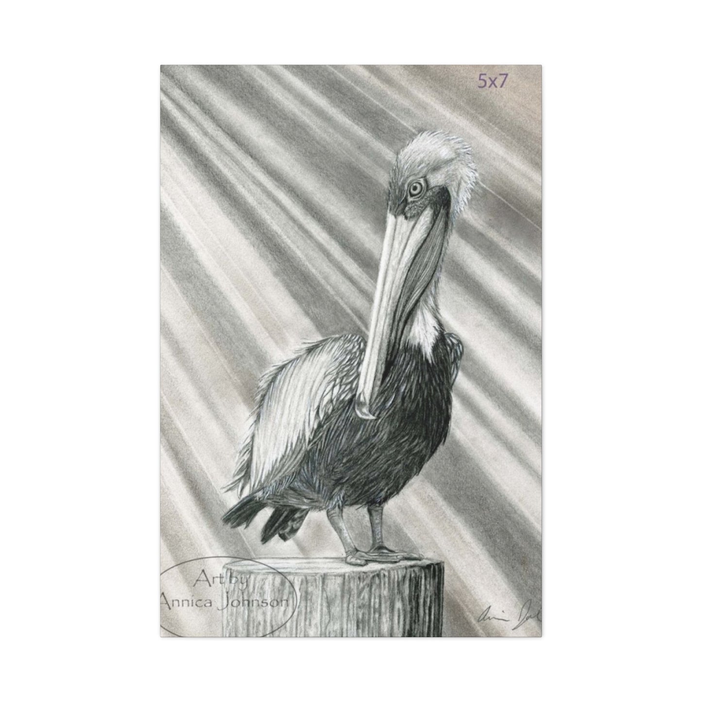 Black & White Pelican Sitting On A Wooden Block Poster Wall Art & Canvas Prints