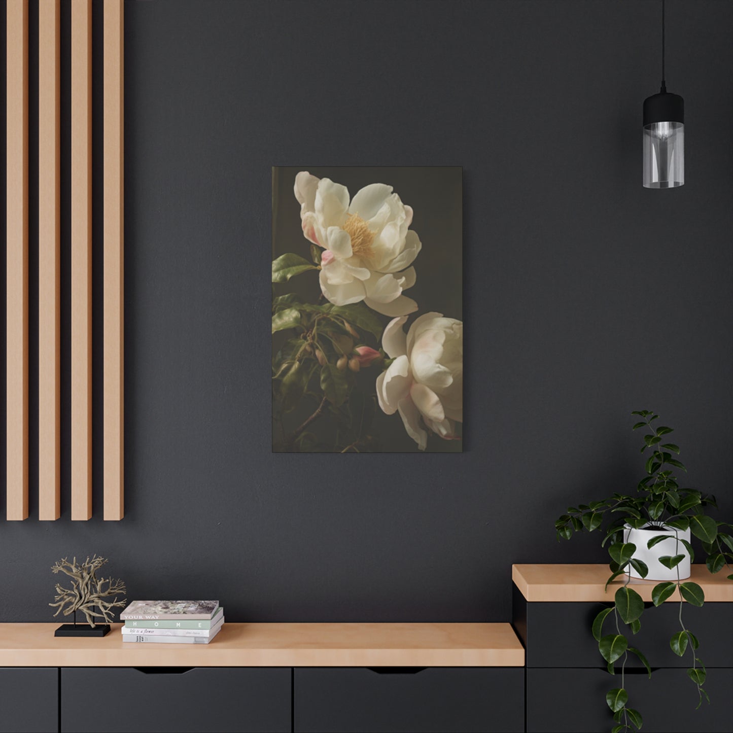 White on Black Background Magnolia Flower Wall Art & Canvas Prints