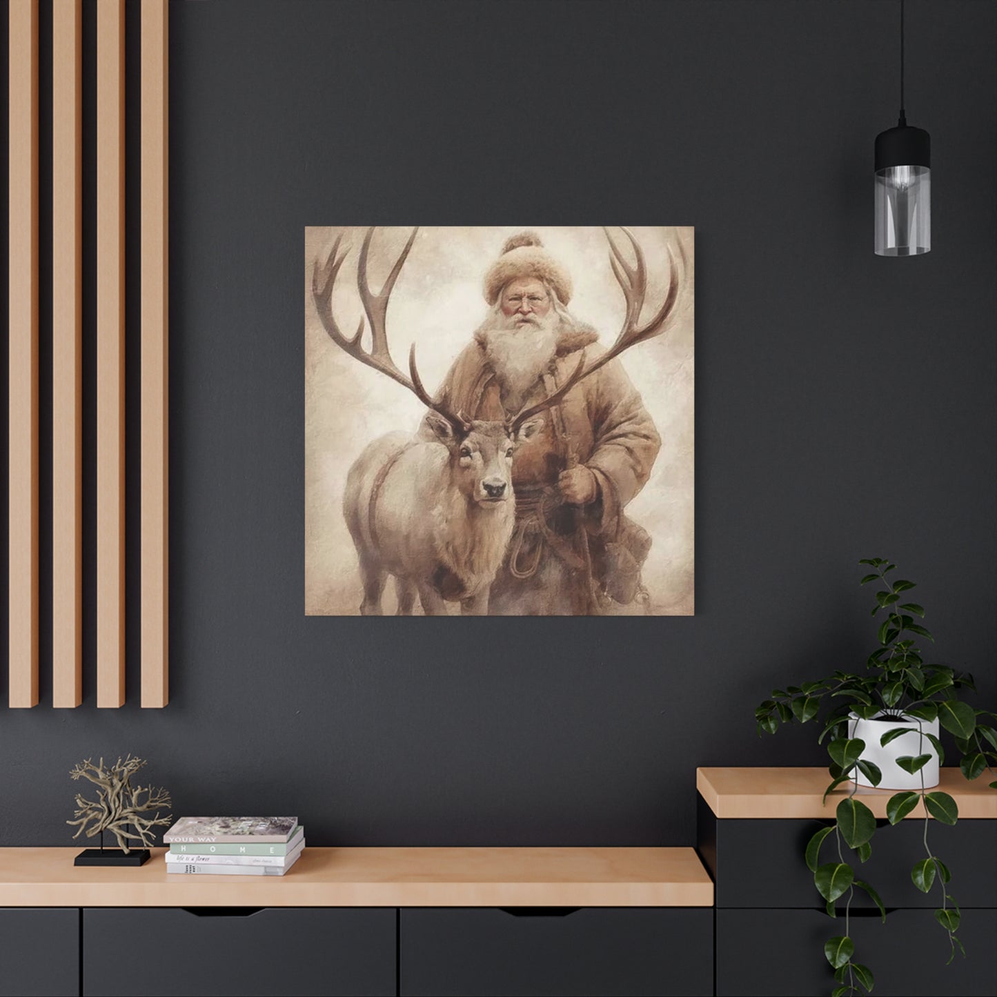 Santa Posing With Reindeer Wall Art & Canvas Prints