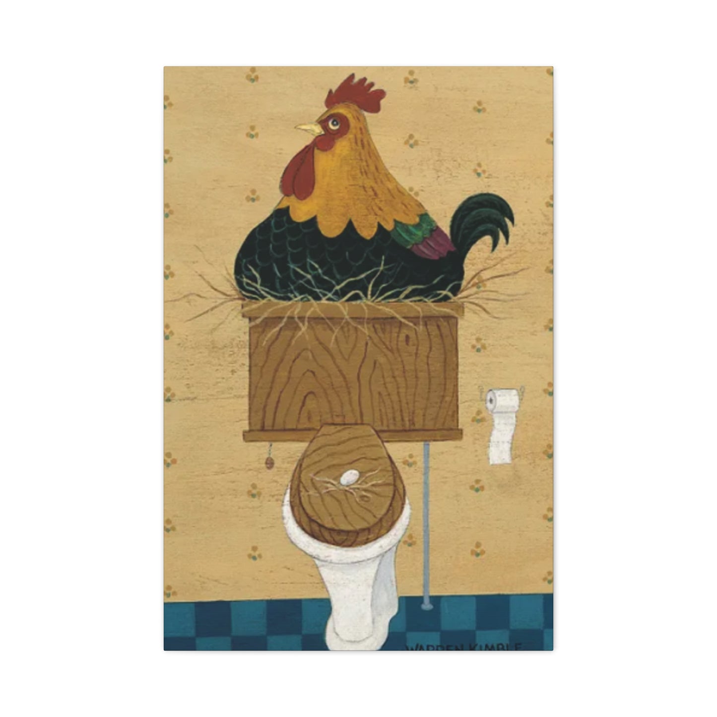 Chicken On Toilet Seat Kimble Warren Wall Art & Canvas Prints