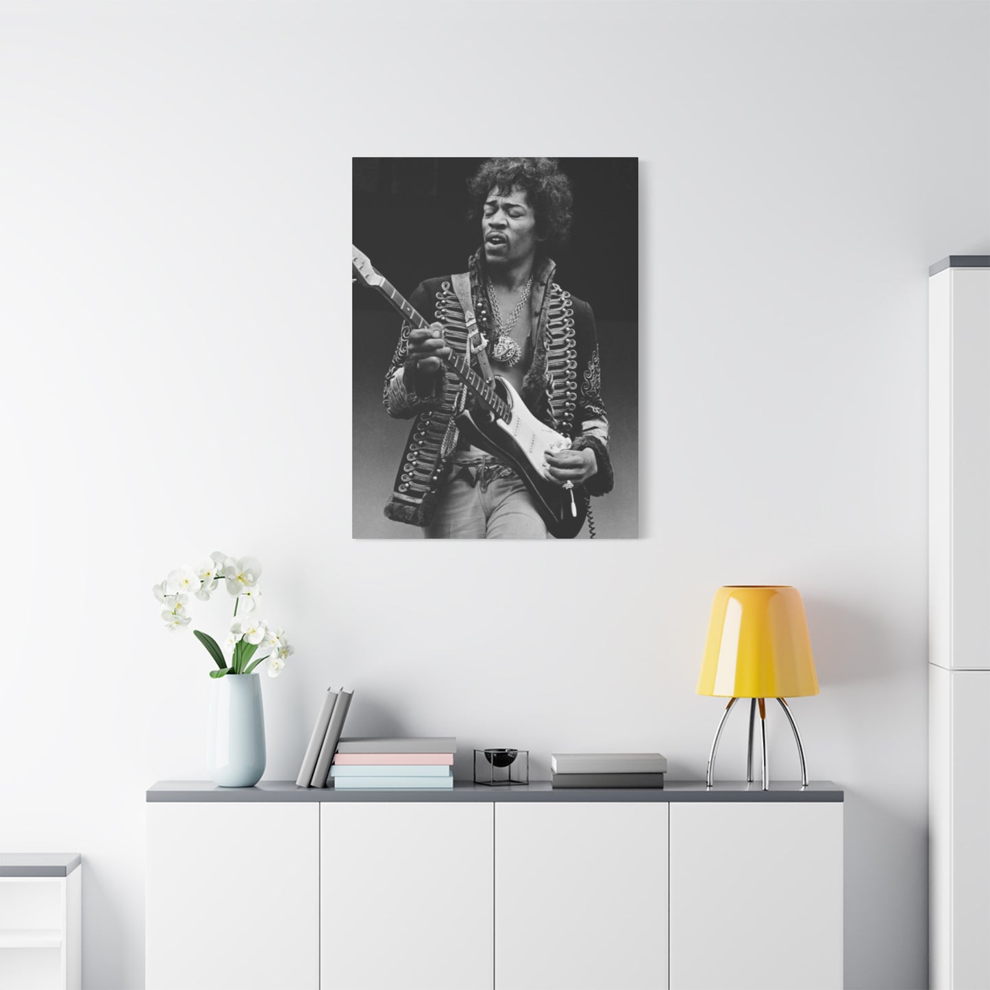 Greyscale Jimi Hendrix Playing Guitar Poster Wall Art & Canvas Prints