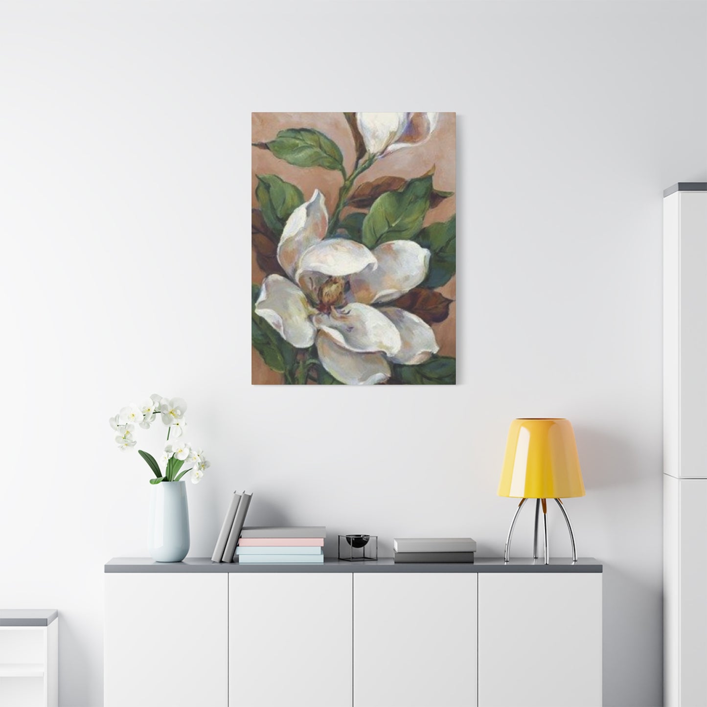 White Magnolia Flower with Leaves Painting Wall Art & Canvas Prints