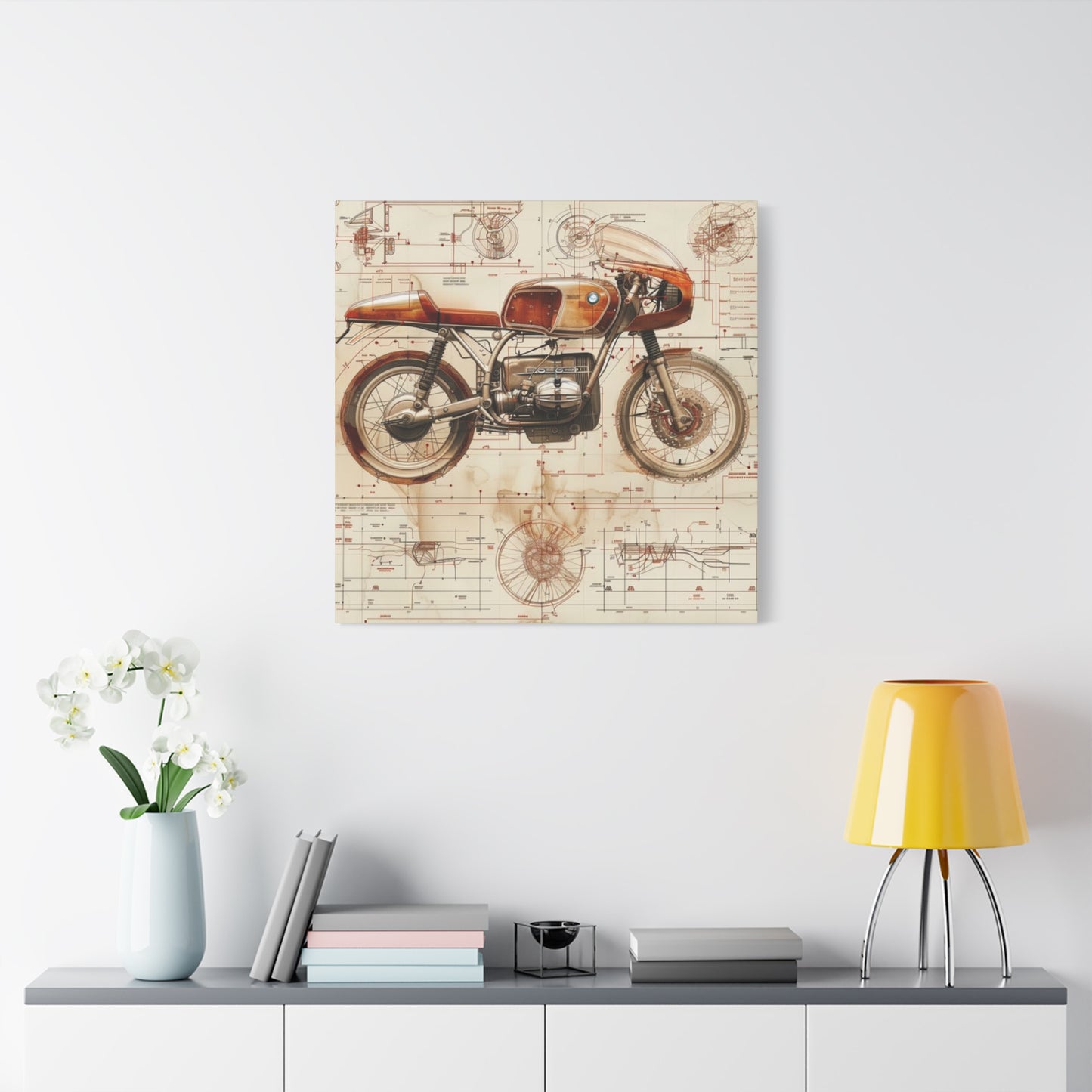 Retro Cafe Racer Blueprint Motorcycle Wall Art & Canvas Prints