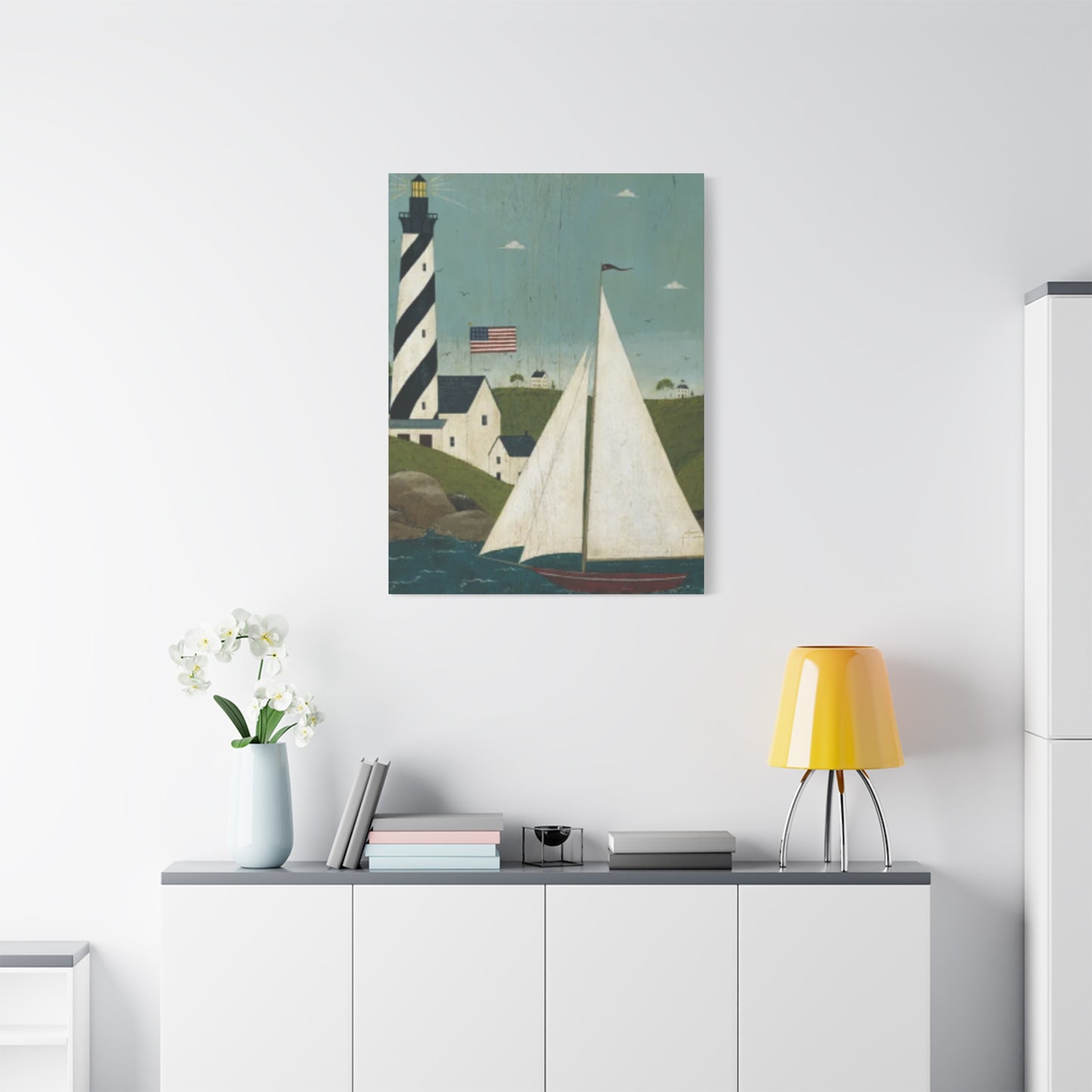 Lighthouse And Sailboat Kimble Warren Wall Art & Canvas Prints