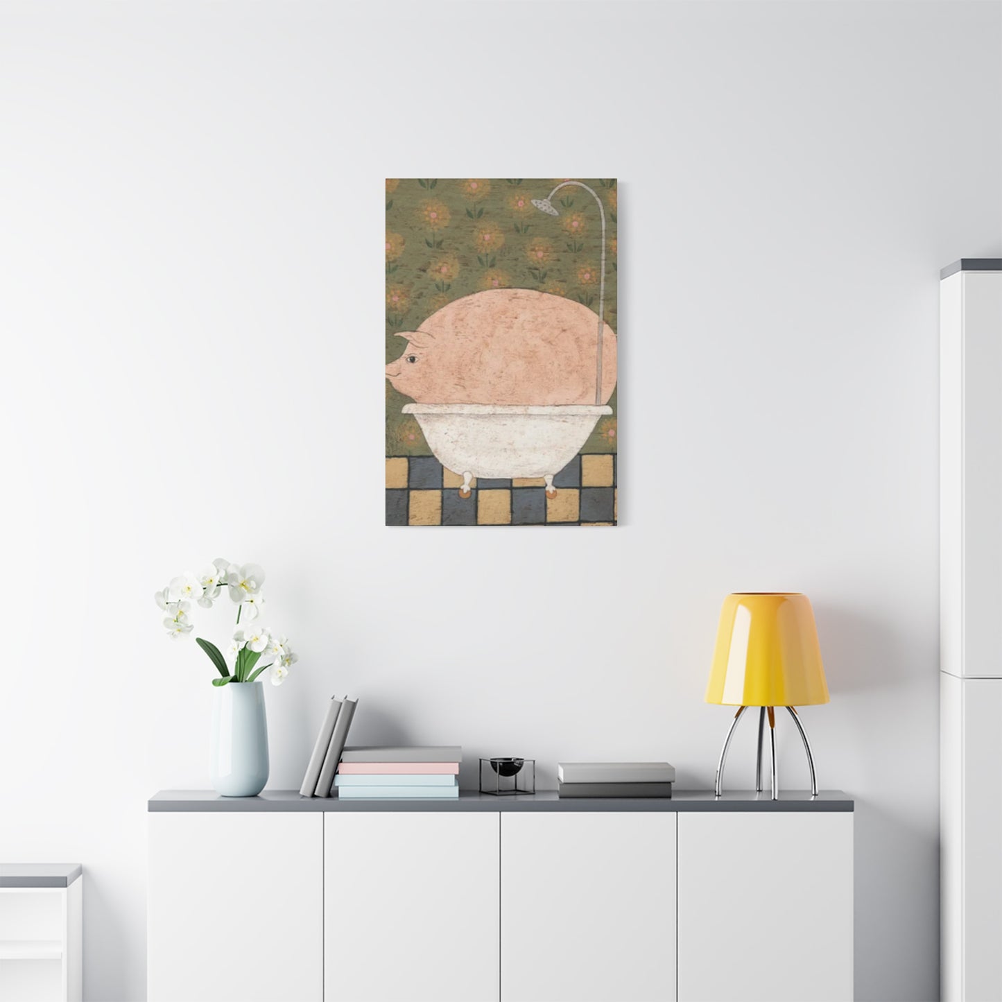 Fat Pig In Bathtub Kimble Warren Wall Art & Canvas Prints