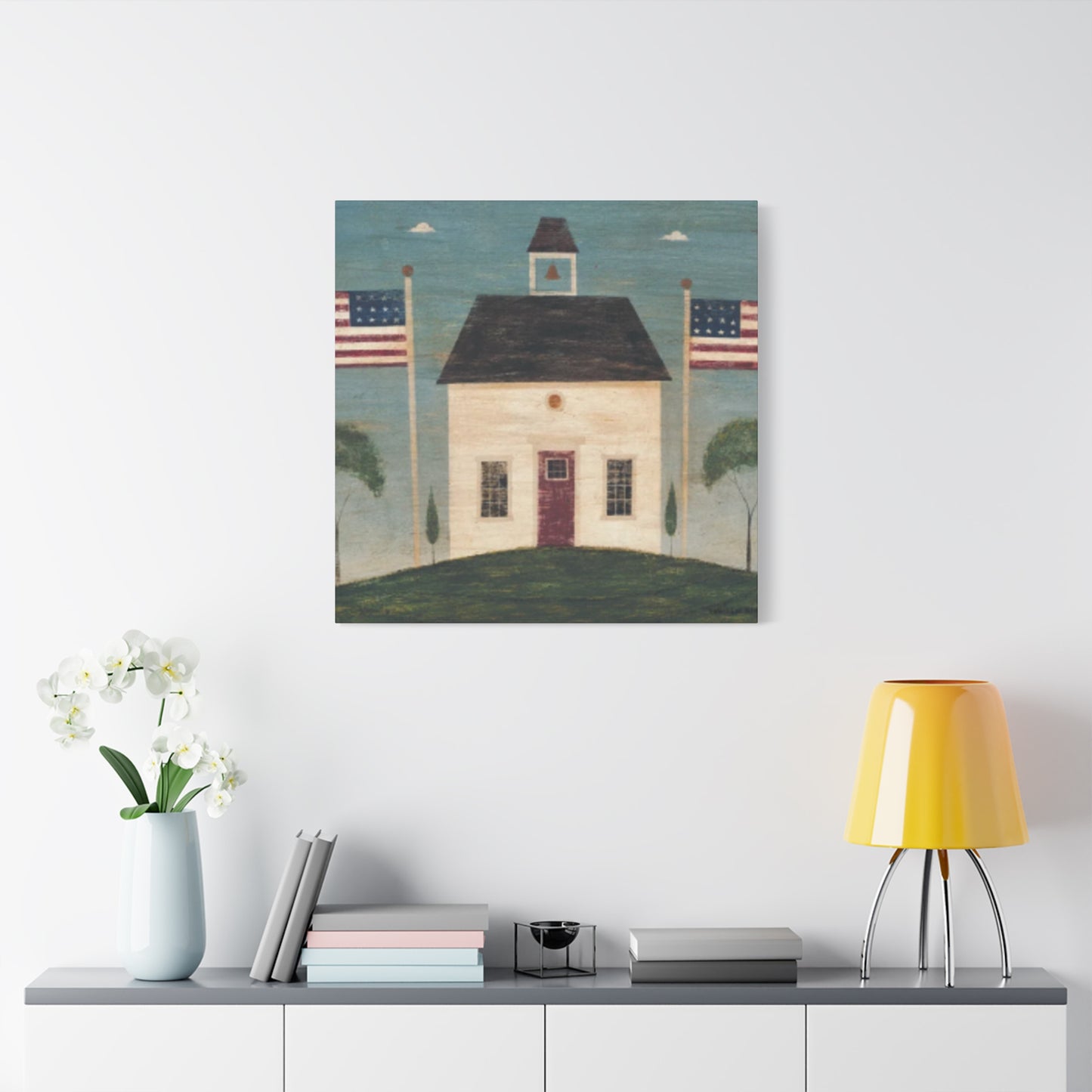 House with Two USA Flags Wall Art & Canvas Prints