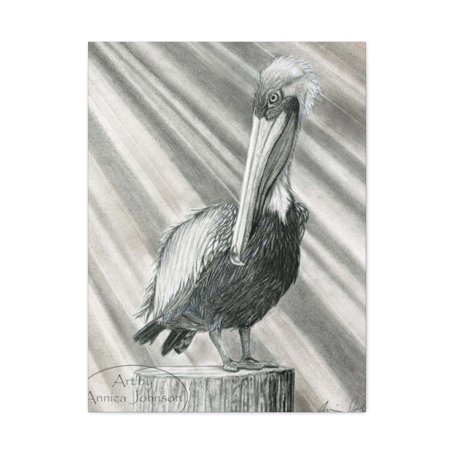 Black & White Pelican Sitting On A Wooden Block Poster Wall Art & Canvas Prints