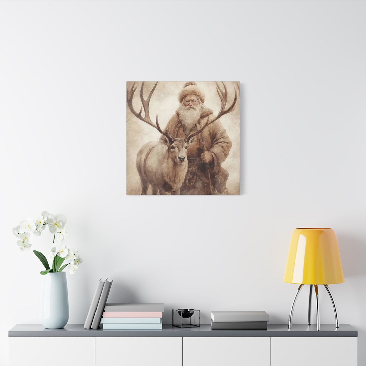 Santa Posing With Reindeer Wall Art & Canvas Prints