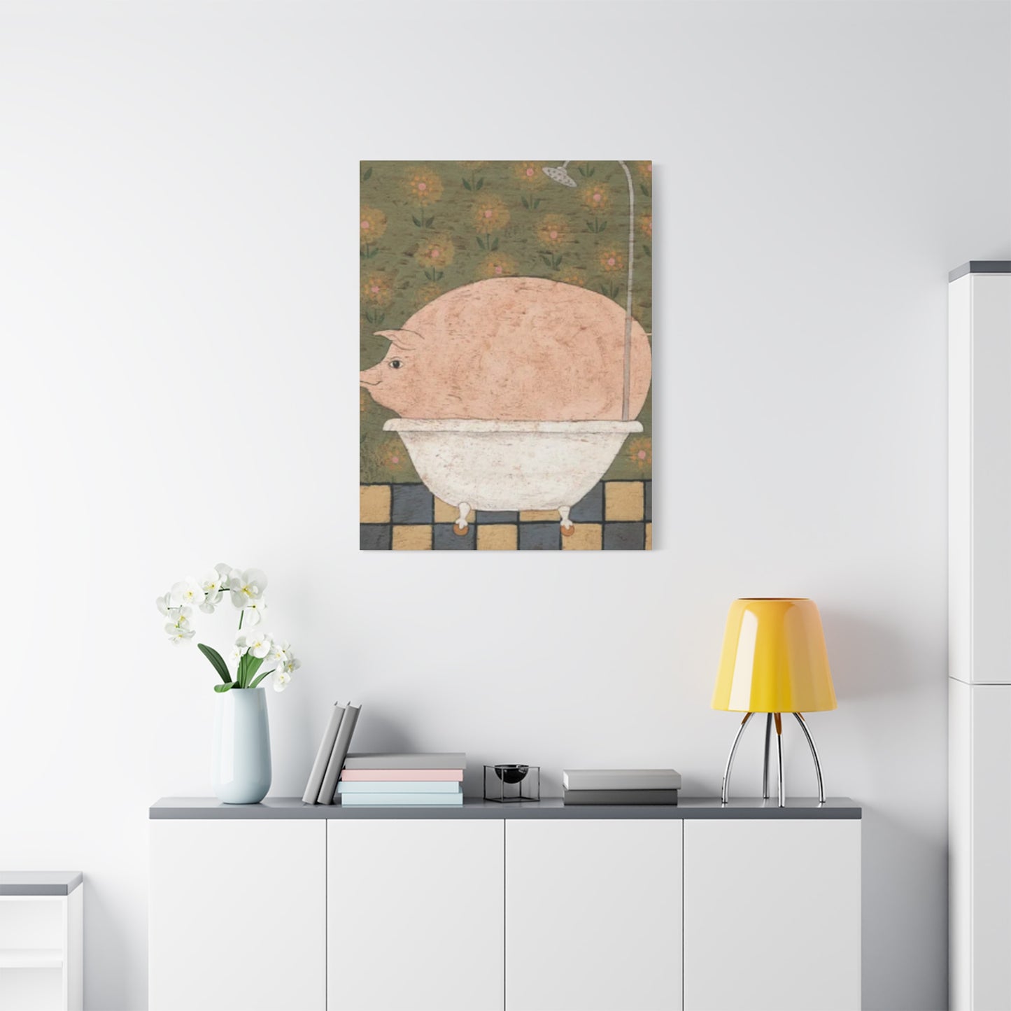 Fat Pig In Bathtub Kimble Warren Wall Art & Canvas Prints