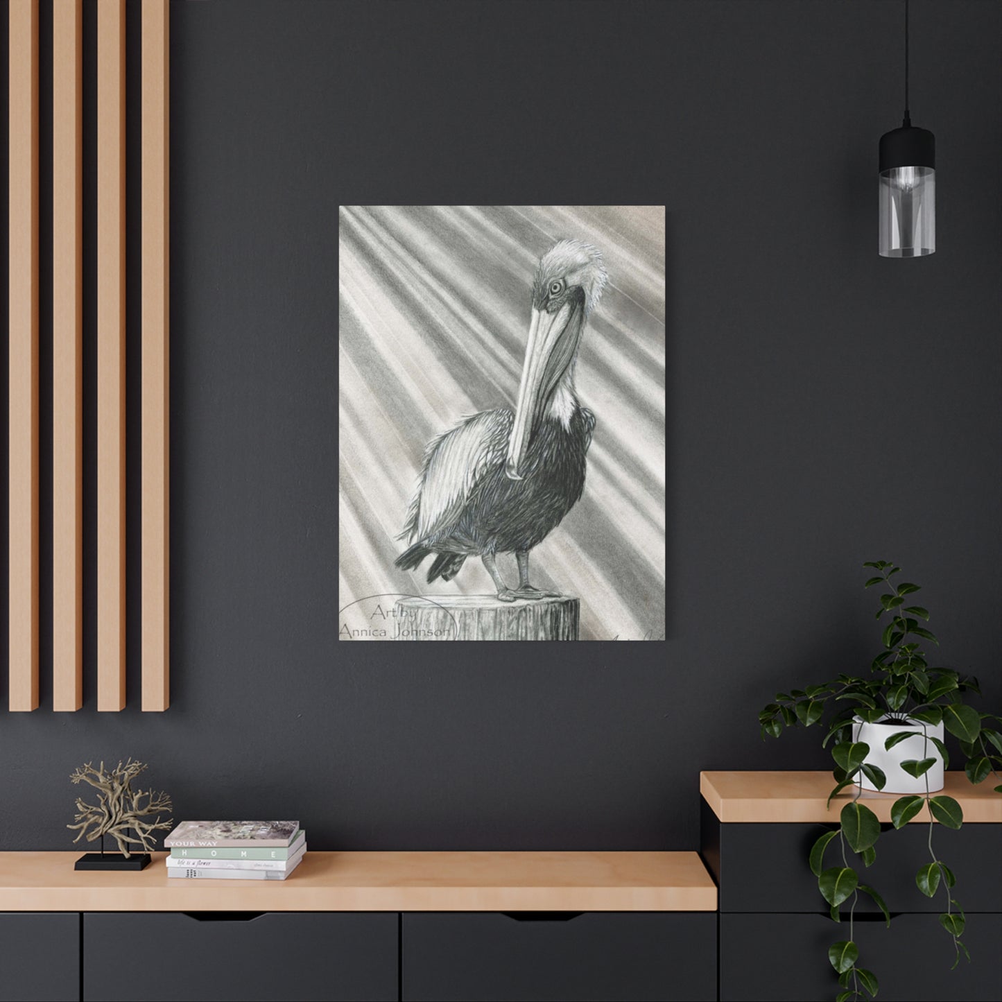 Black & White Pelican Sitting On A Wooden Block Poster Wall Art & Canvas Prints