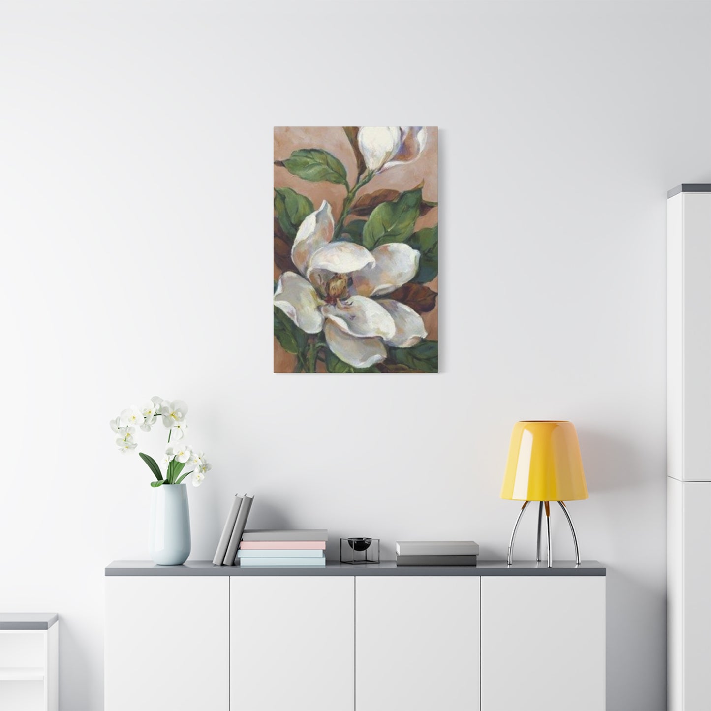 White Magnolia Flower with Leaves Painting Wall Art & Canvas Prints