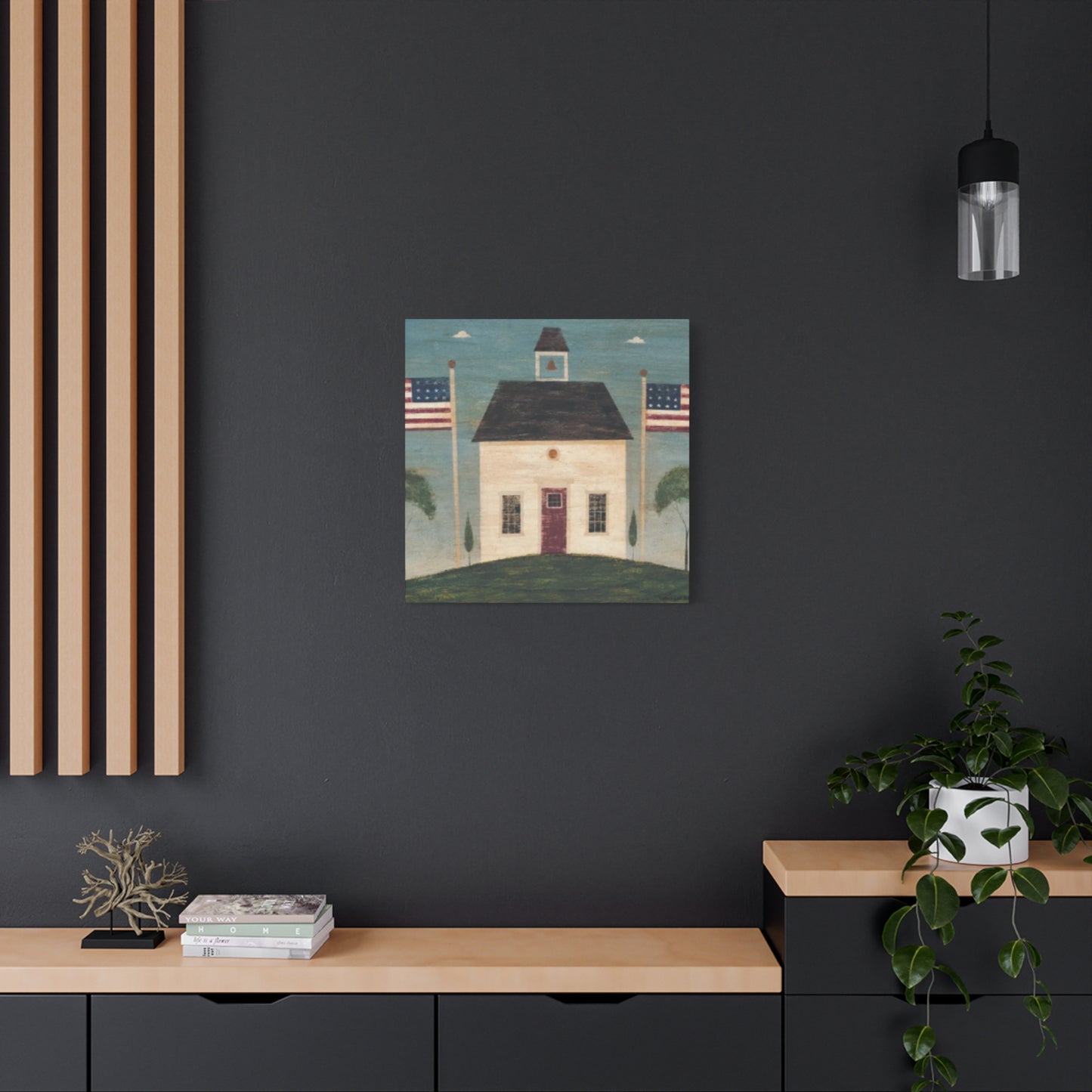 House with Two USA Flags Wall Art & Canvas Prints