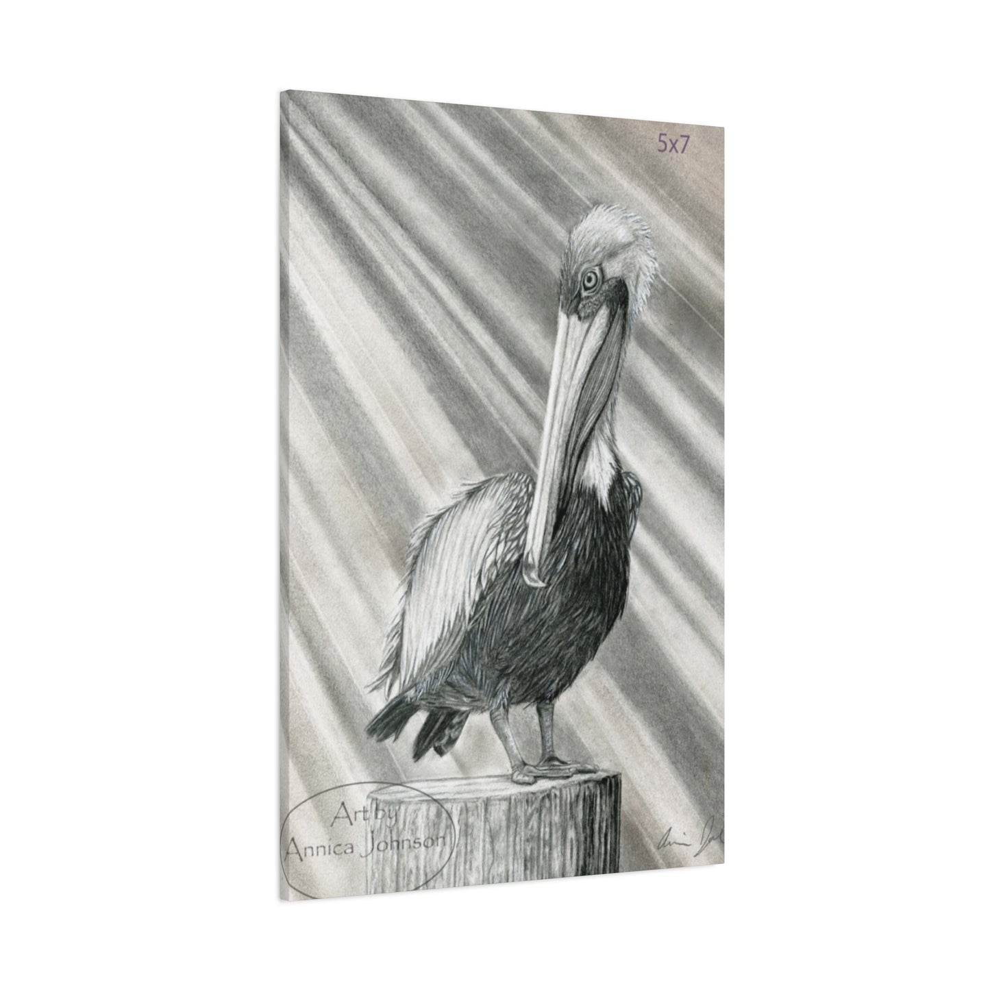 Black & White Pelican Sitting On A Wooden Block Poster Wall Art & Canvas Prints