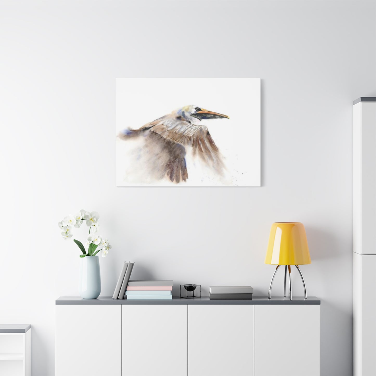 Long Beak Flying Pelican Wall Art & Canvas Prints