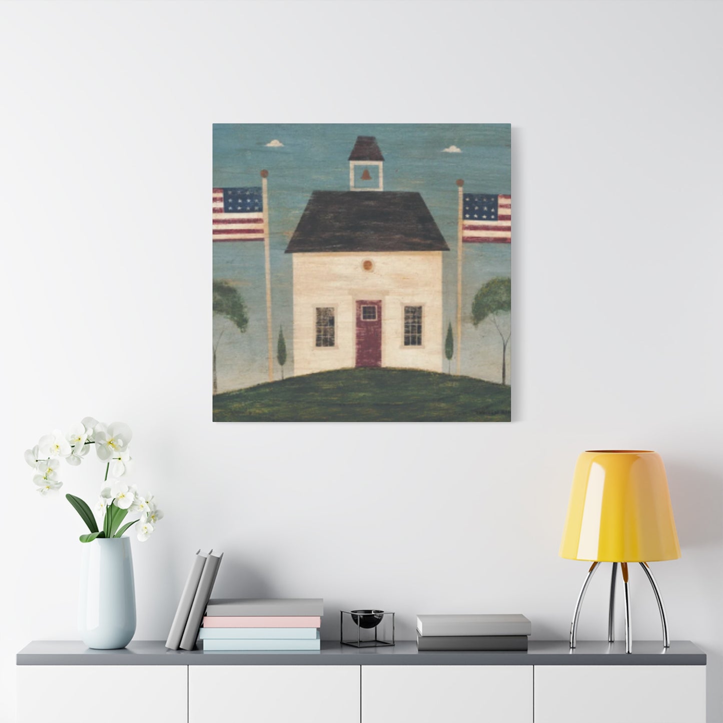 House with Two USA Flags Wall Art & Canvas Prints