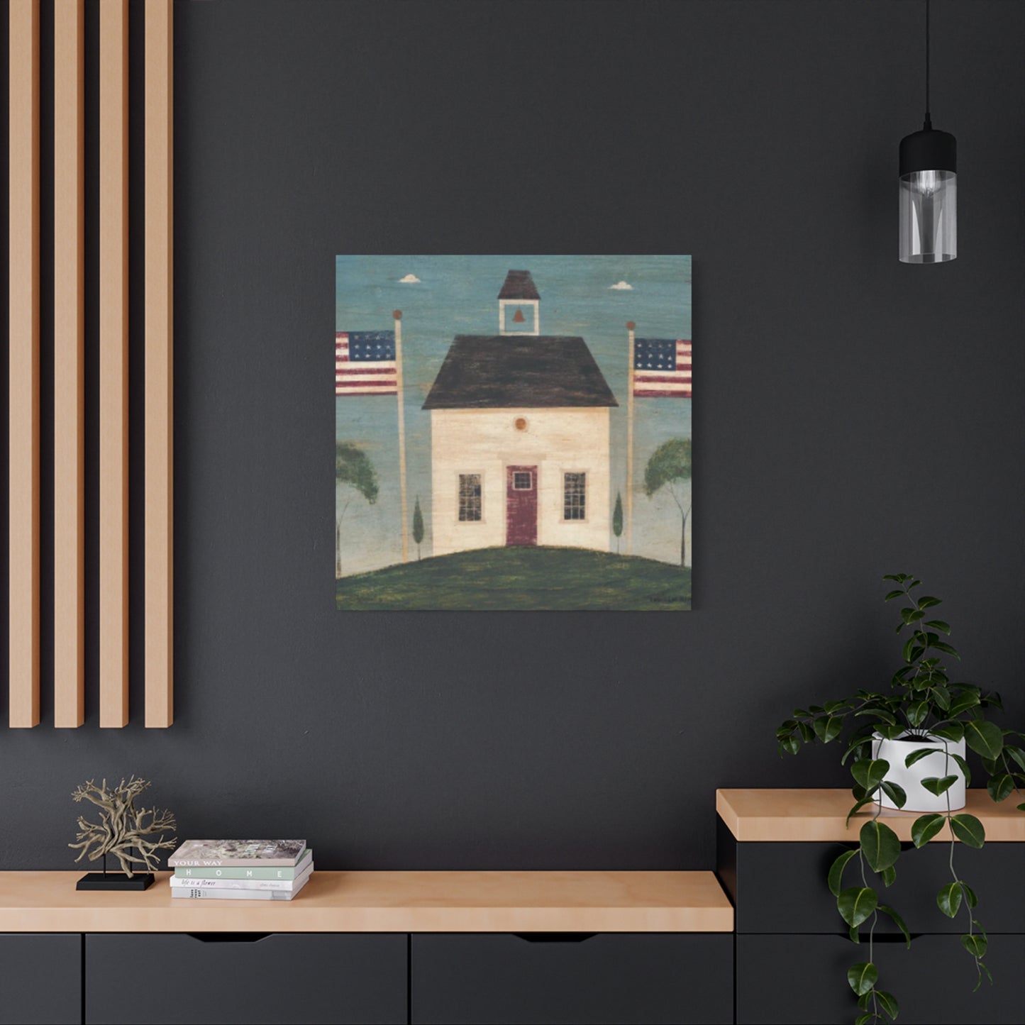 House with Two USA Flags Wall Art & Canvas Prints