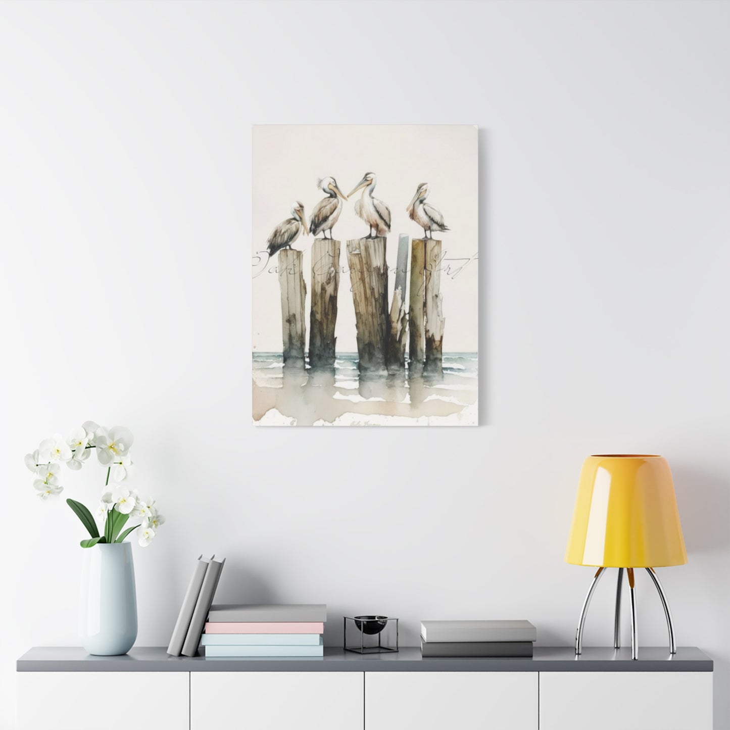 Pelicans Sitting On Wooden Blocks Wall Art & Canvas Prints