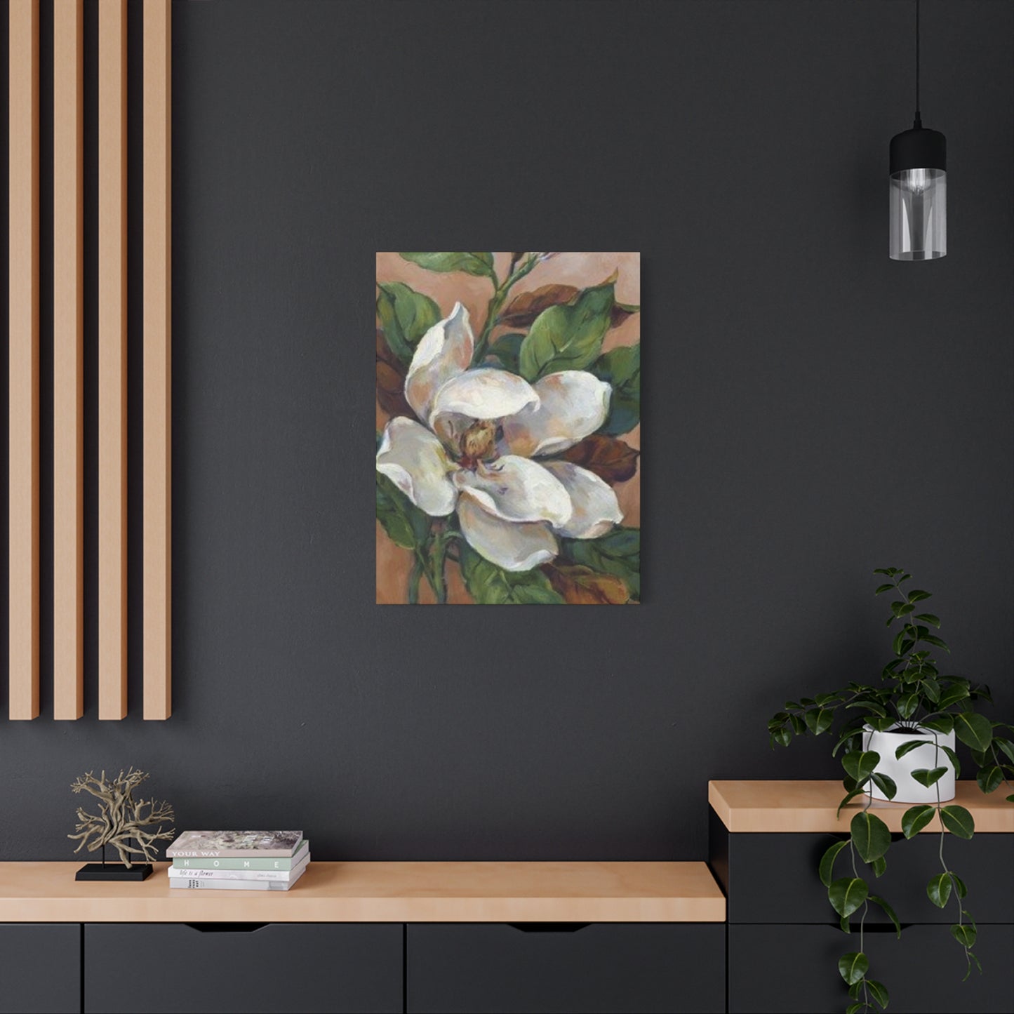 White Magnolia Flower with Leaves Painting Wall Art & Canvas Prints