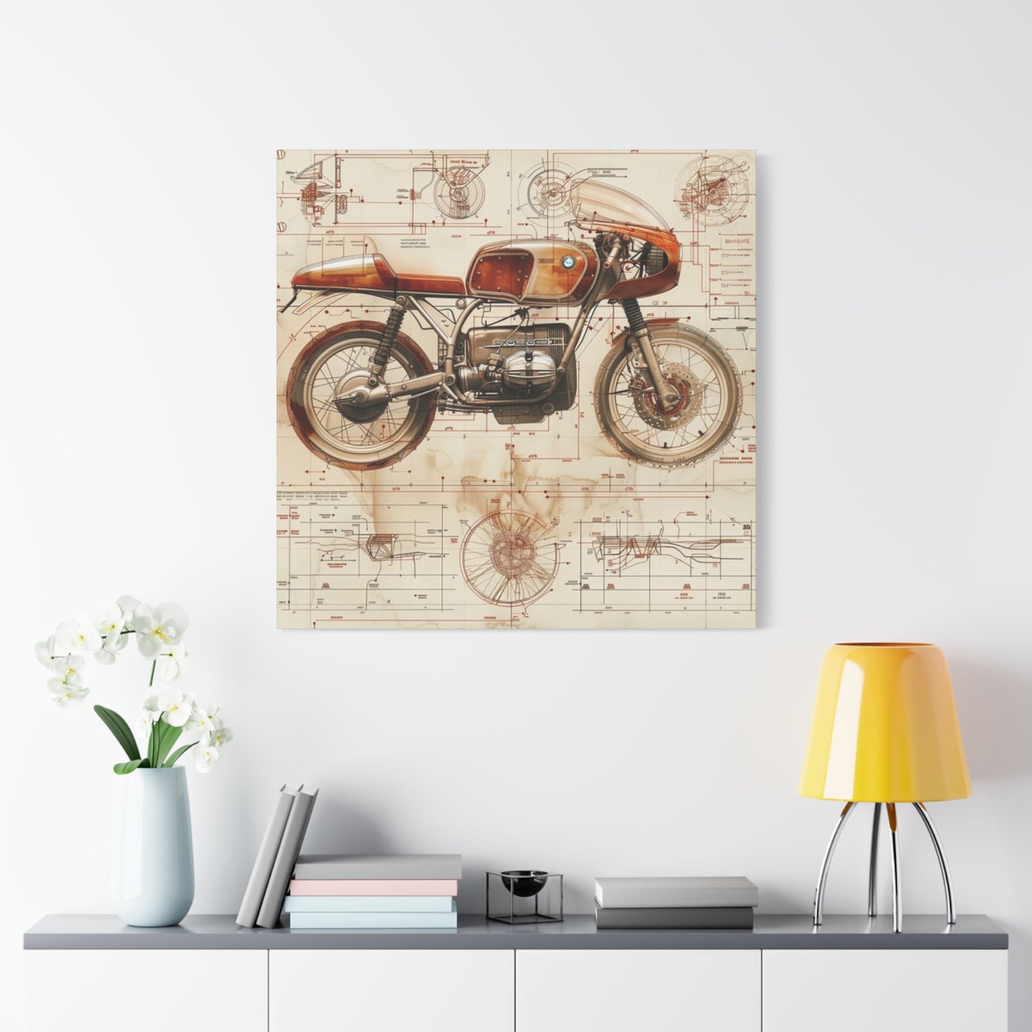 Retro Cafe Racer Blueprint Motorcycle Wall Art & Canvas Prints