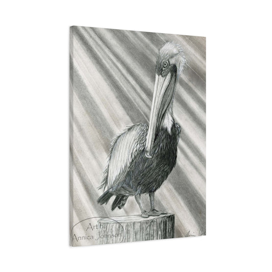 Black & White Pelican Sitting On A Wooden Block Poster Wall Art & Canvas Prints