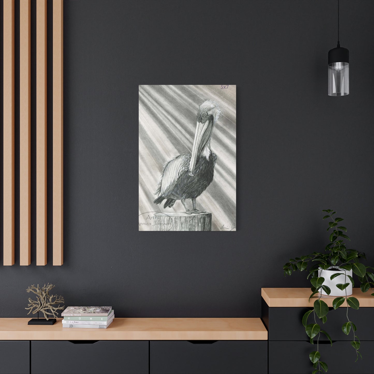 Black & White Pelican Sitting On A Wooden Block Poster Wall Art & Canvas Prints