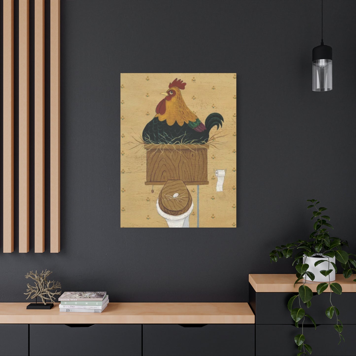 Chicken On Toilet Seat Kimble Warren Wall Art & Canvas Prints