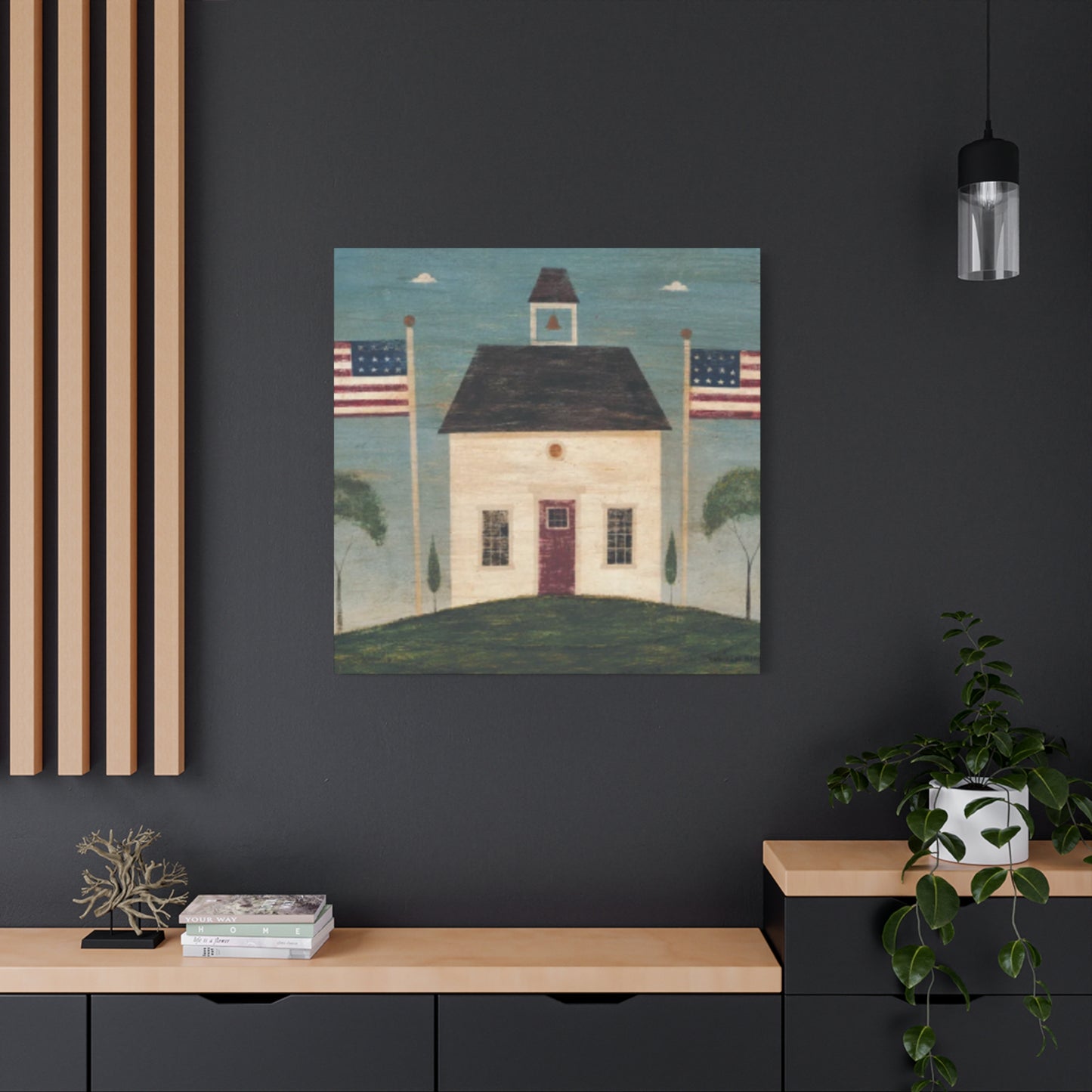 House with Two USA Flags Wall Art & Canvas Prints