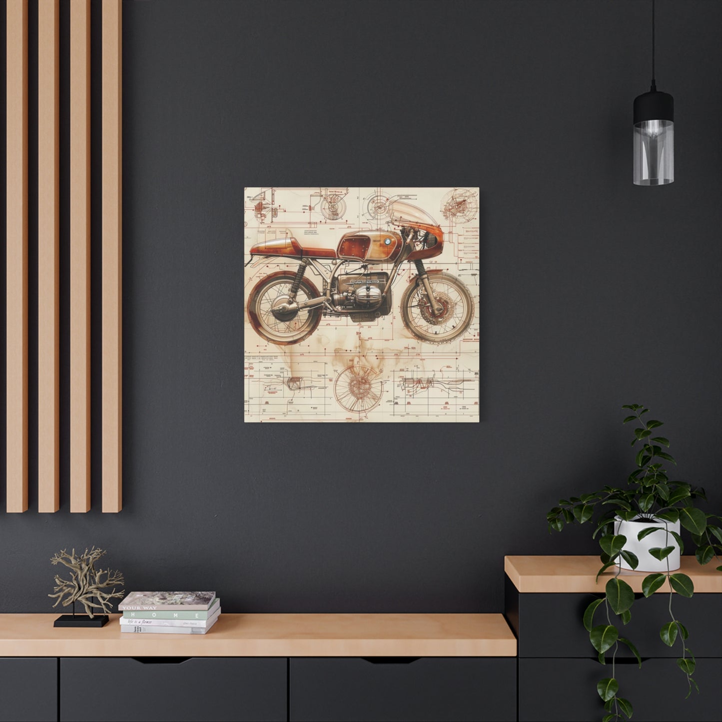 Retro Cafe Racer Blueprint Motorcycle Wall Art & Canvas Prints