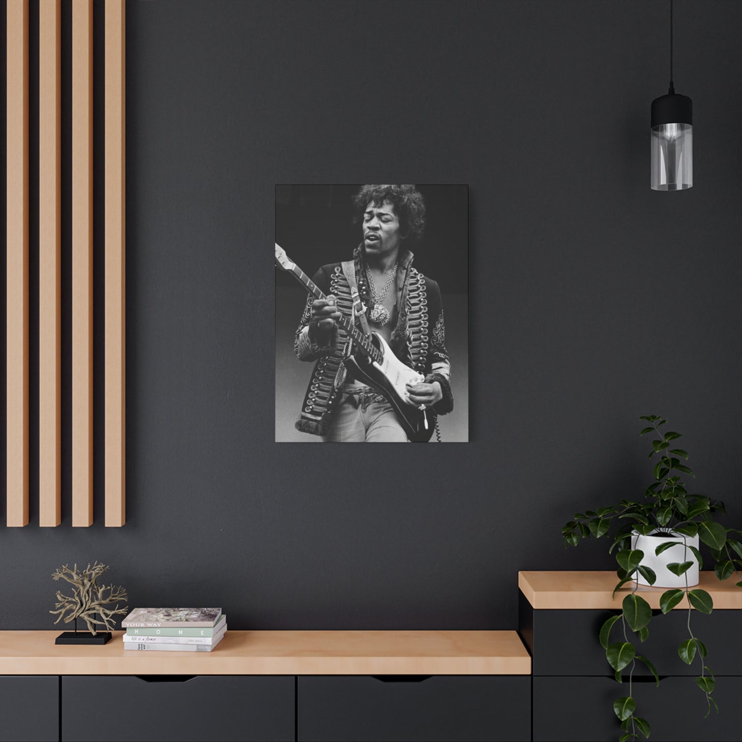 Greyscale Jimi Hendrix Playing Guitar Poster Wall Art & Canvas Prints