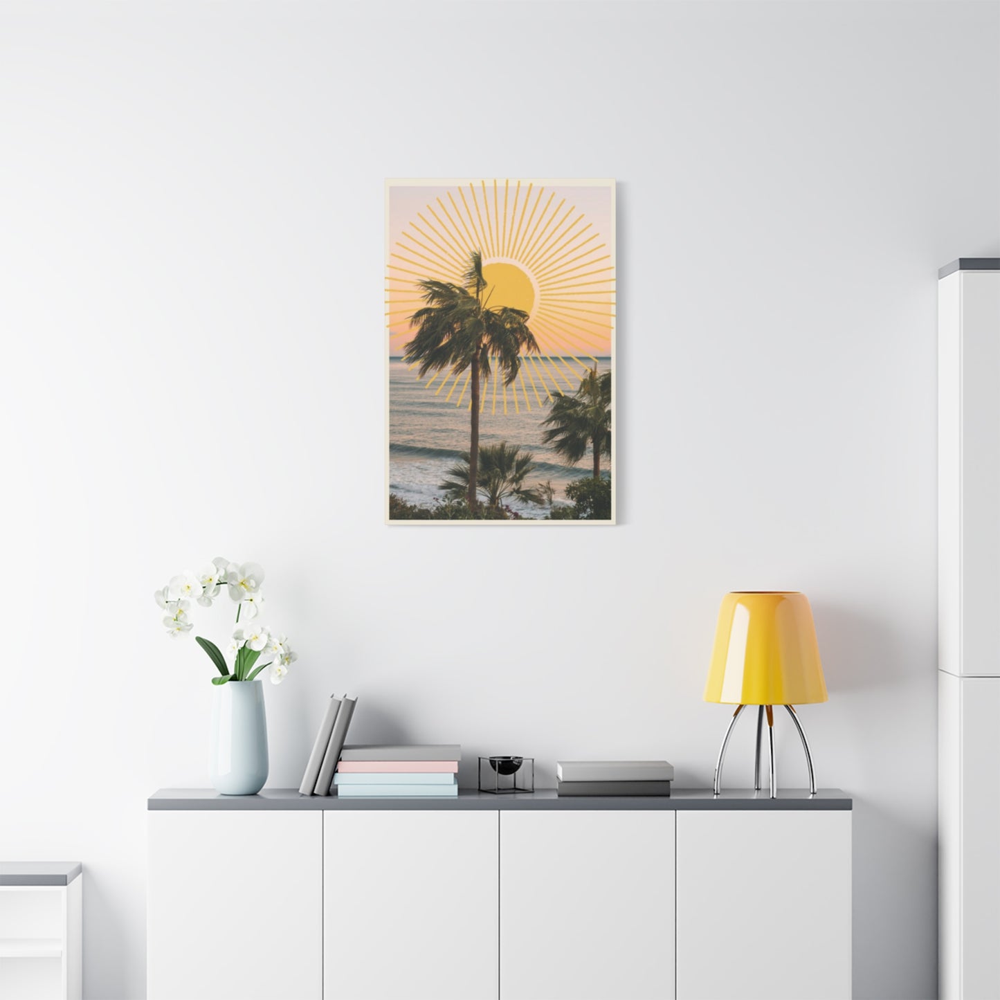 Sunset & Palm Tree On The Beach Wall Art & Canvas Prints