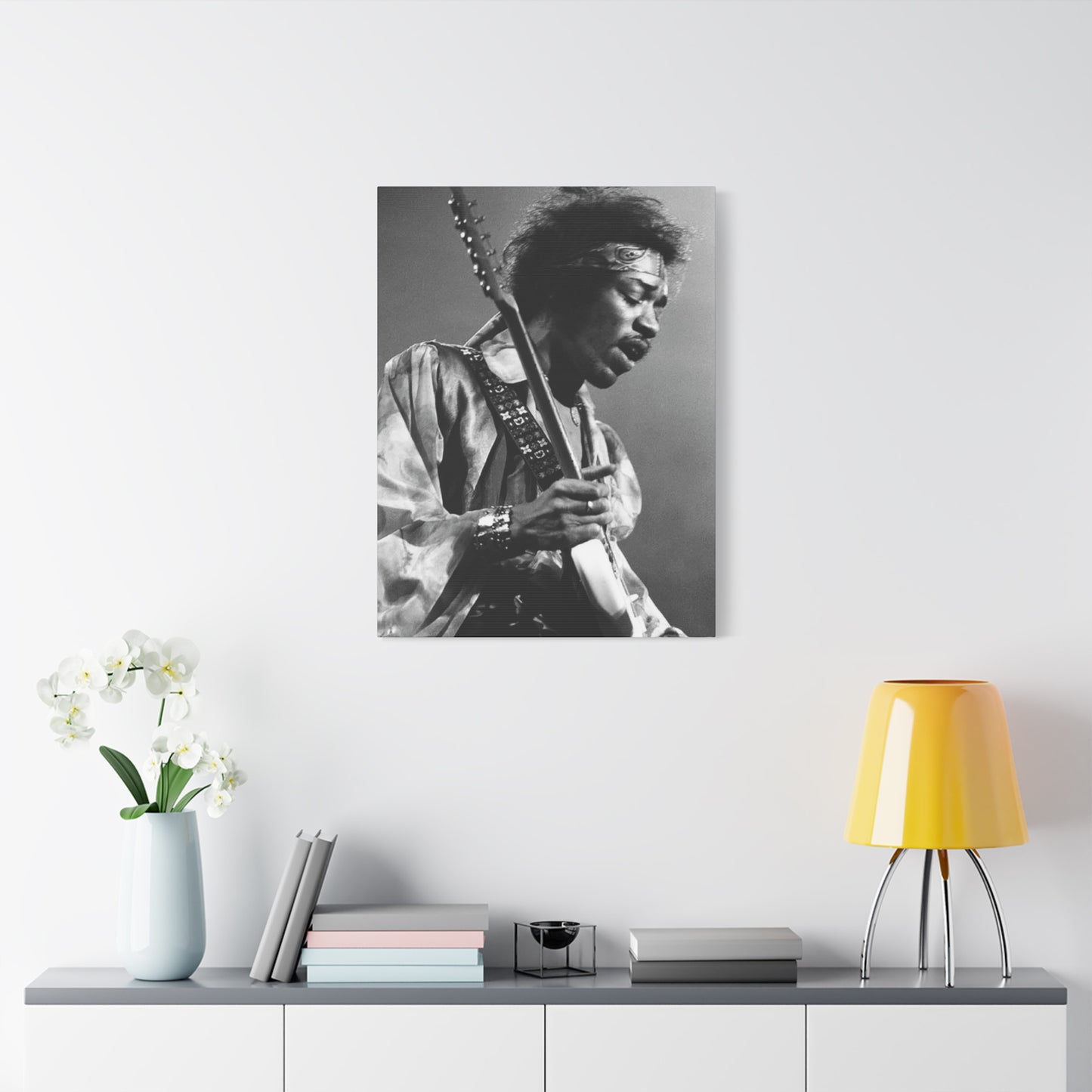 Greyscale Jimi Hendrix Playing Guitar Wall Art & Canvas Prints