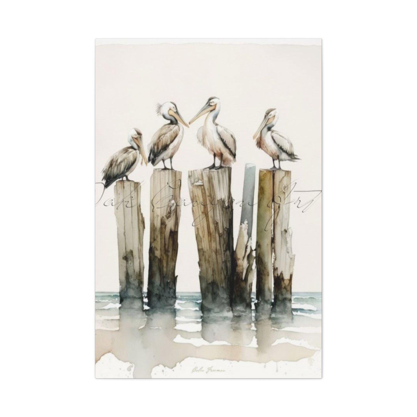 Pelicans Sitting On Wooden Blocks Wall Art & Canvas Prints