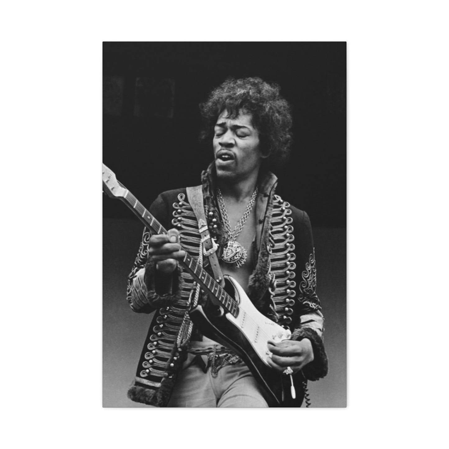 Greyscale Jimi Hendrix Playing Guitar Poster Wall Art & Canvas Prints