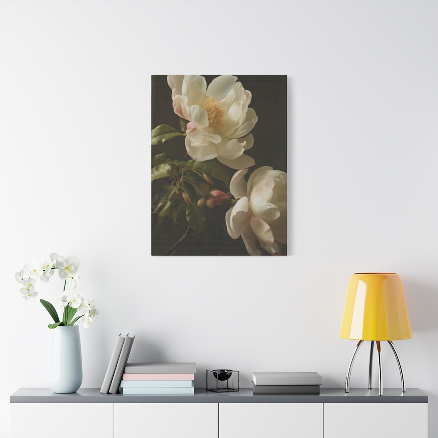 White on Black Background Magnolia Flower Wall Art & Canvas Prints