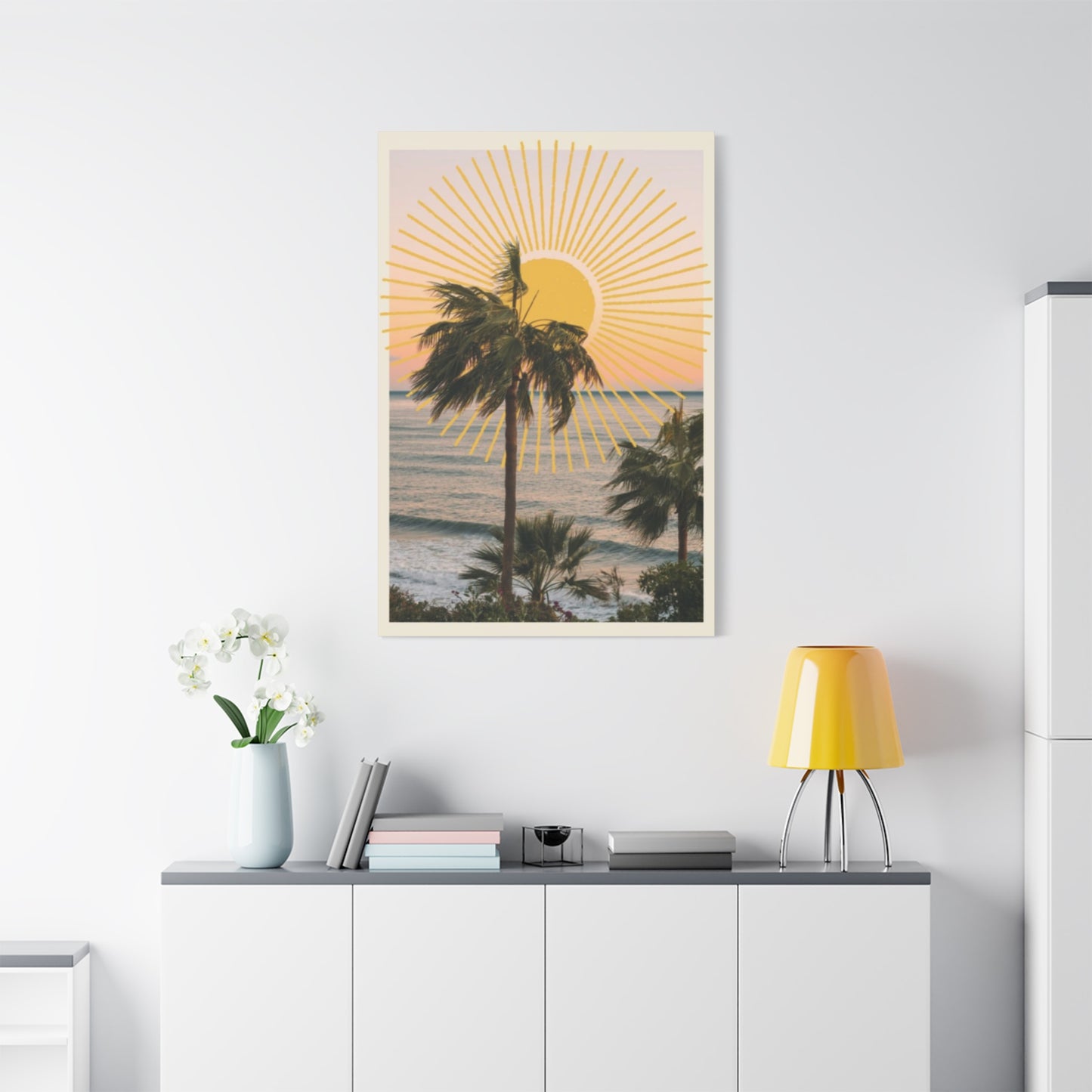 Sunset & Palm Tree On The Beach Wall Art & Canvas Prints