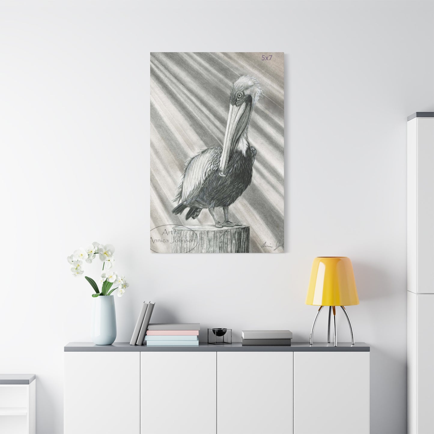 Black & White Pelican Sitting On A Wooden Block Poster Wall Art & Canvas Prints